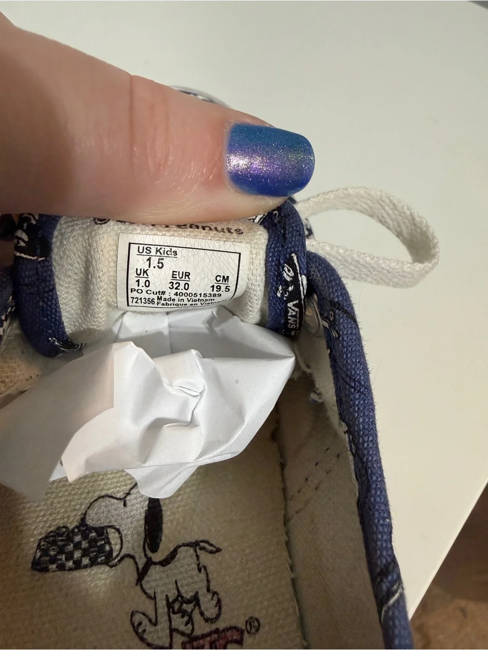 VANS x Peanuts Snoopy Navy Canvas Low Top Lace-Up Sneakers Unisex Kids 1.5